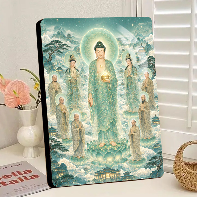 药师佛群像相框装饰摆件净土摆台客厅佛堂健康平安桌面装饰画