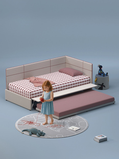 onfo瑞莱儿童床L形床带护板全实木布艺软包床收纳储物拖床小户型