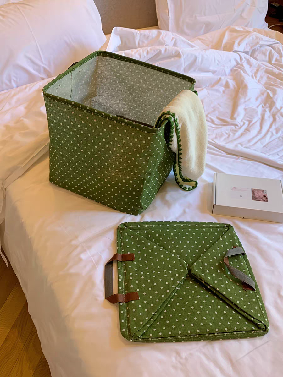 新款布艺清新小圆点棉麻落地收纳篮带束口杂物衣服收纳整理