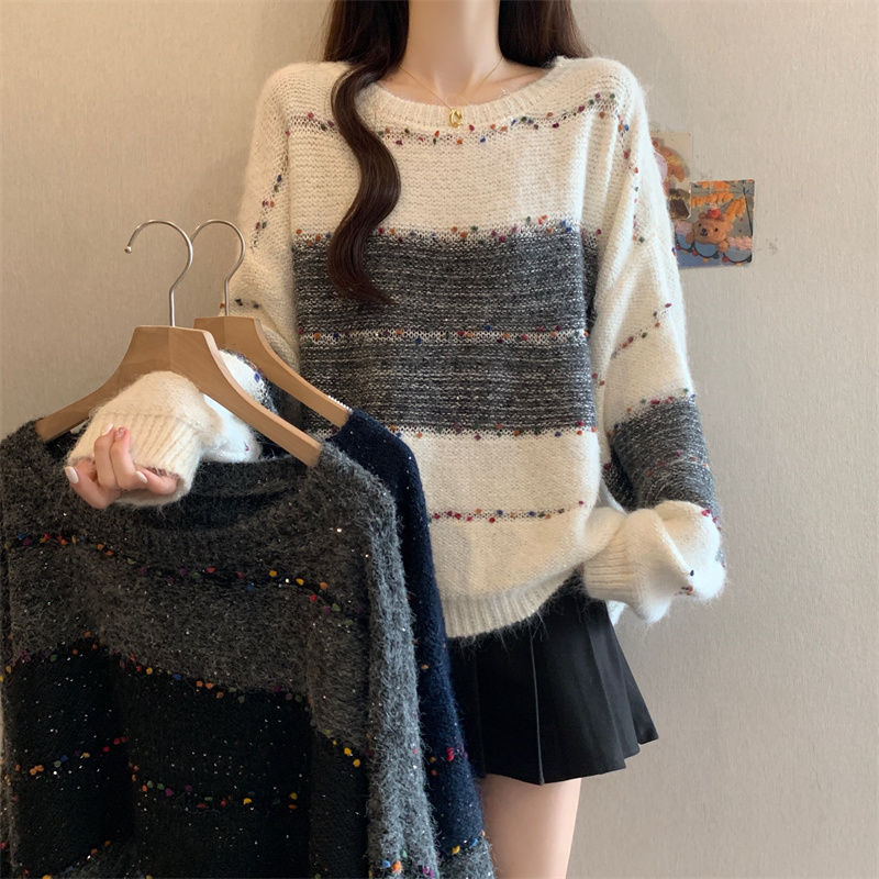 实拍大码撞色条纹针织衫毛衣女款慵懒风休闲宽松显瘦巨好看毛衣女