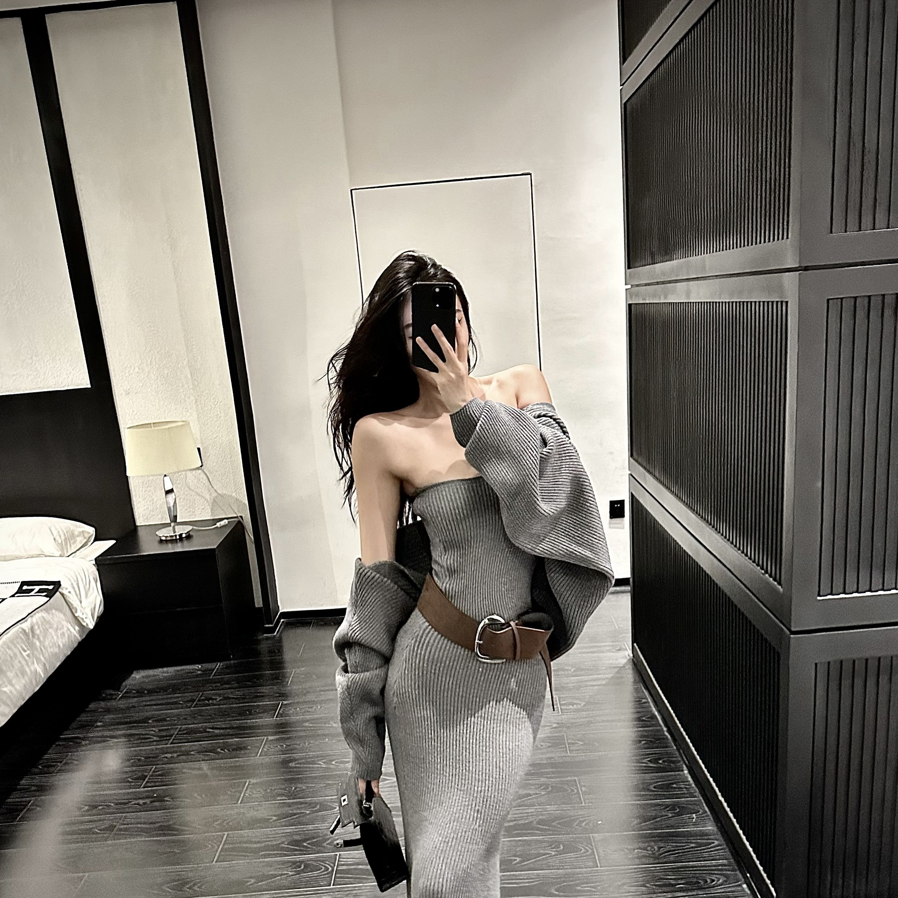 冬天御姐穿搭套装针织开衫毛衣抹胸连衣裙子两件套一整套入冬穿搭