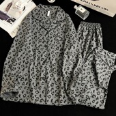 高级感豹纹印花学生家居服套装 长裤 长袖 复古情侣100%睡衣女春秋季