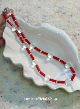 小众设计感新年珊瑚红串珠白水晶纯银项链不撞款复古时髦锁骨链