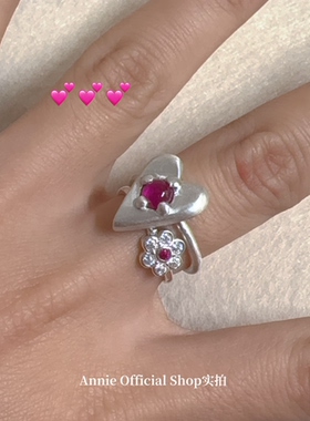 原创小众高级感红色满钻花朵戒指百搭气质纯银指环不撞款开口调节