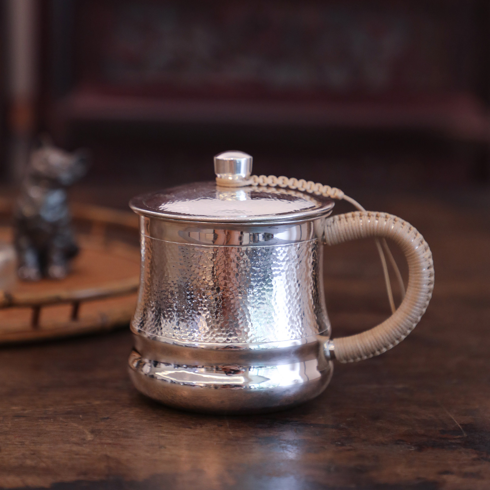 纯银时代 纯银茶缸水杯足银999茶道泡茶杯家用带把喝水杯400ml