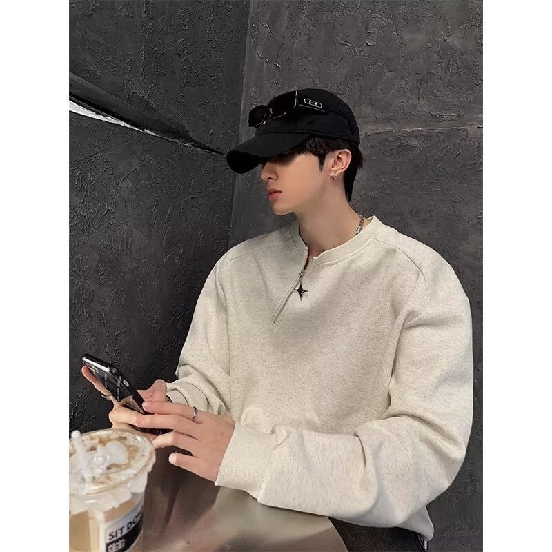 设计感侧拉链头拼接套头卫衣男士潮牌秋冬款美式纯色宽松休闲上衣