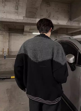 jmhomme 撞色拼接针织开衫外套男生秋冬款潮流休闲宽松毛衣外套女