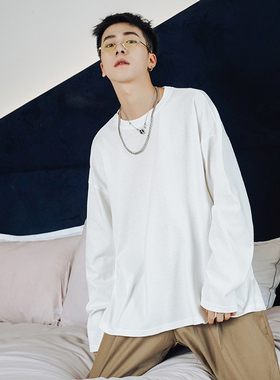 JM homme200克纯棉新圆领纯色宽松港风长袖T恤学生上衣打底衫