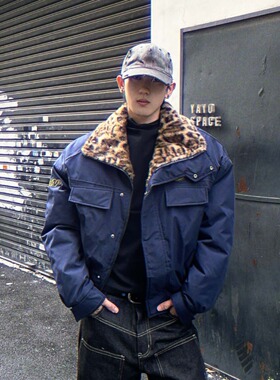 junmanner冬季新款美式复古立领豹纹毛领工装加厚保暖棉服外套男