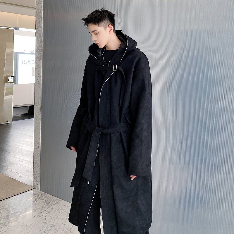 jmhomme 暗黑秋冬加厚鹿皮绒连帽长款男大衣立体口袋潮流个性风衣