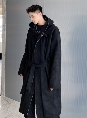 jmhomme 暗黑秋冬加厚鹿皮绒连帽长款男大衣立体口袋潮流个性风衣