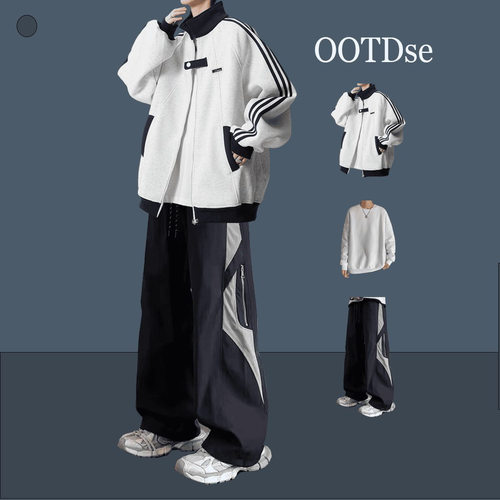 春秋条纹拼接棒球服痞帅套装男