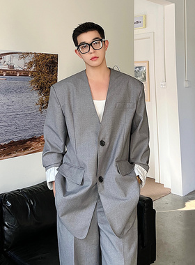 jmhomme 2023秋款韩版prod独立设计气质百搭廓形无领灰色垫肩西装