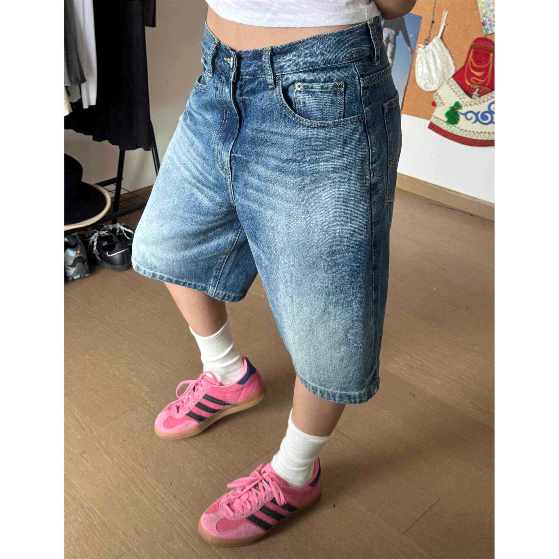 美式复古蓝色牛仔五分裤女夏季辣妹宽松中裤休闲浅色直筒低腰短裤