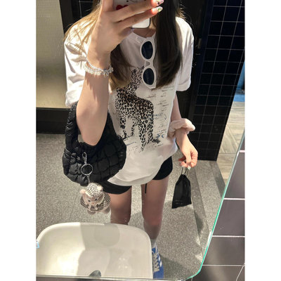 美式豹子印花纯棉短袖白T