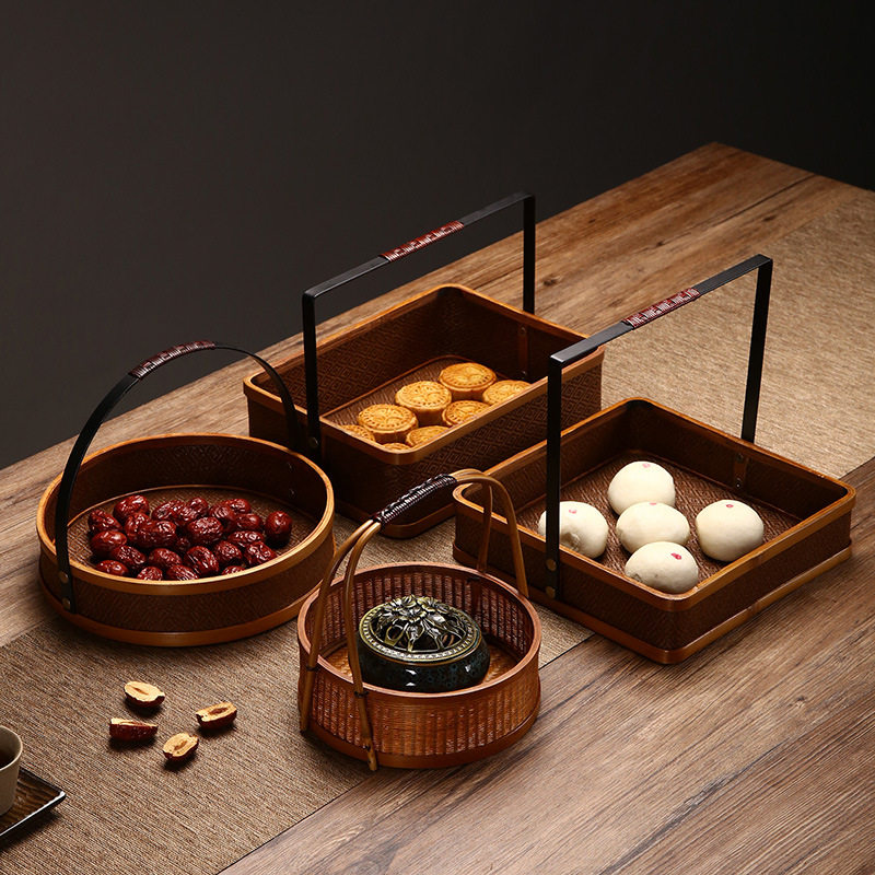 竹编提篮茶具收纳篮点心盘手工编织干果盘家用酒店托盘复古野餐篮,特色手工艺,竹编/竹雕,淘宝优惠券,粉丝福利购,淘宝优惠卷