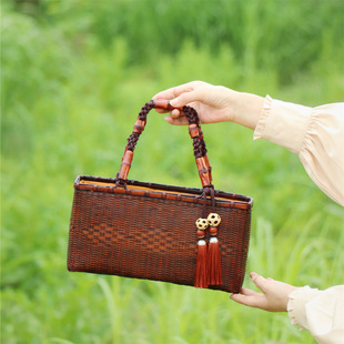 手提竹编篮家用便携女式手提沙滩编织提包茶具收纳竹制工艺品女包