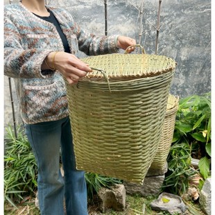 竹制品手工编织茶叶采摘竹篓竹编带盖箩筐储物水果粮食收纳竹篮