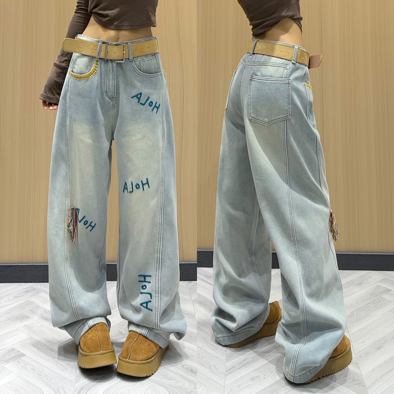 浅色牛仔裤女2025春季修身阔腿裤刺绣字母小众设计显瘦宽松拖地裤