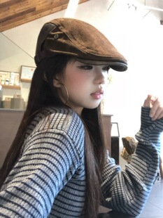 复古棕灰色系做旧破洞毛边鸭舌帽子男女显脸小贝雷帽潮时髦前进帽