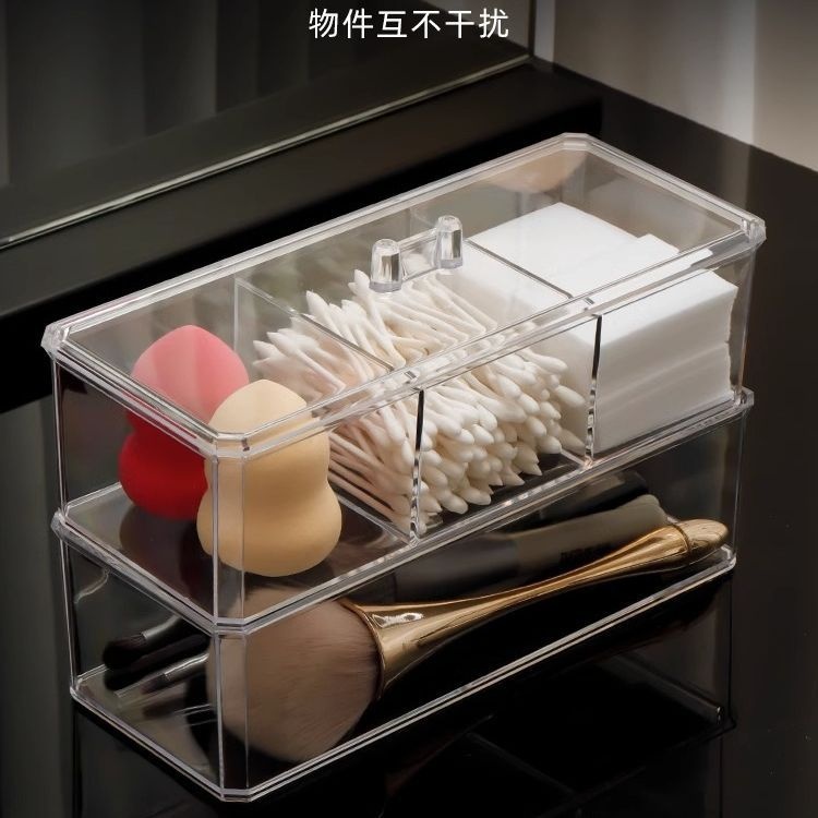化妆棉收纳盒美妆蛋棉签粉扑卸妆棉桌面收纳带盖吧唧收纳透明