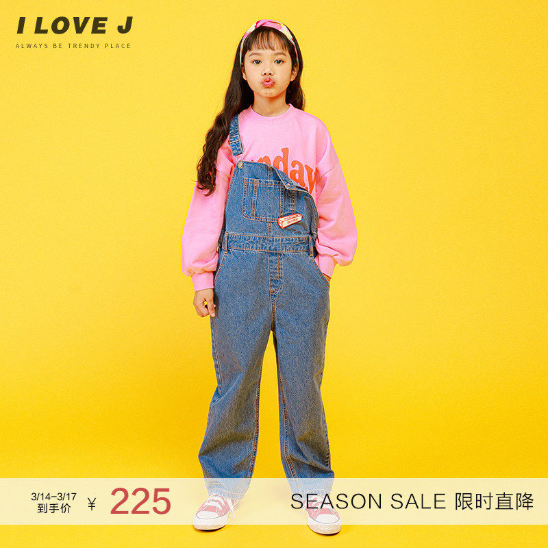 ILOVEJ童装高质休闲牛仔背带裤儿童春装女童街头潮流裤子/JVSPT31