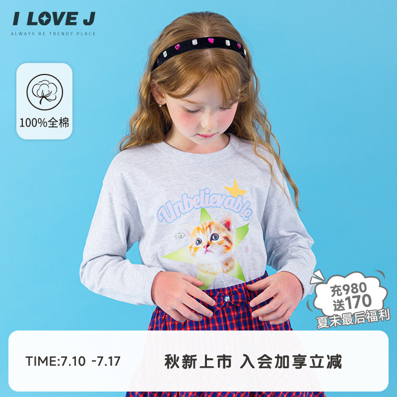 ILOVEJ韩国童装2025秋季新款女童猫咪长袖t恤薄款纯棉上衣JXFTO24