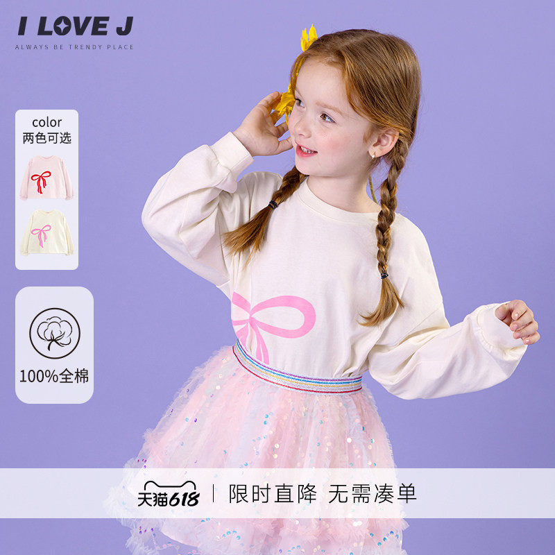 ILOVEJ童装春秋女童蝴蝶结印花长袖纯棉T恤上衣/JWFTO07