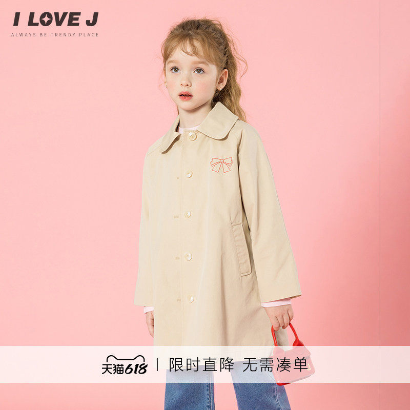 ILOVEJ韩国童装2026春季女童米色蝴蝶结刺绣风衣A字外套/JXSOU06