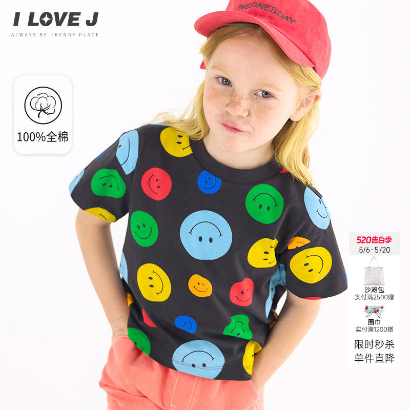 ILOVEJ童装夏季女童纯棉T恤笑脸韩版黑色上衣短袖JWUTO29
