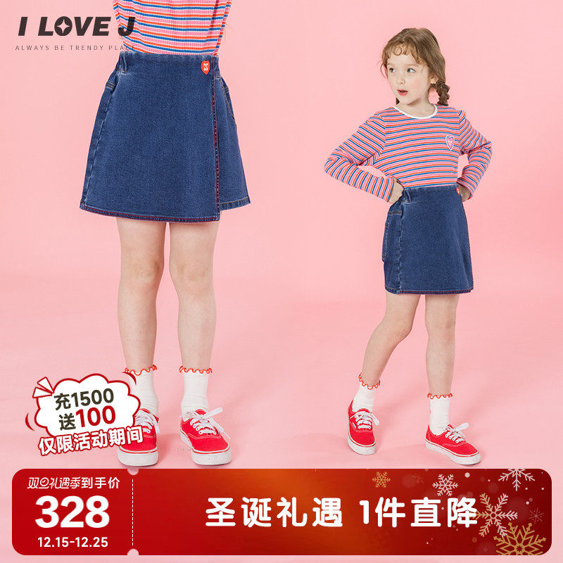 ILOVEJ韩国童装2025秋季女童牛仔半身裙裤樱桃布贴弹力/JXSPT26