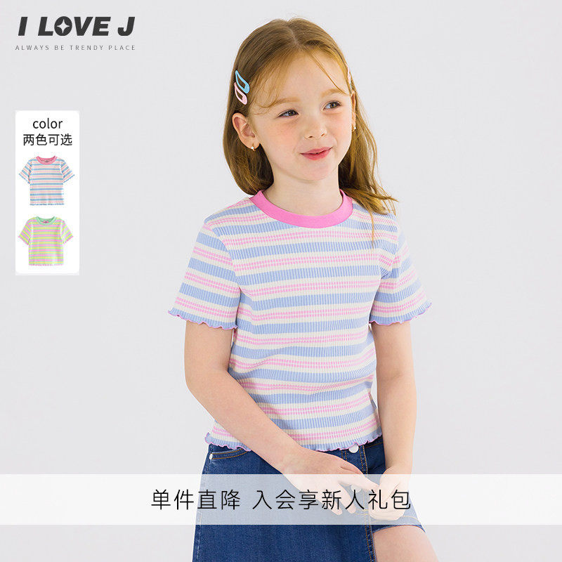 ILOVEJ童装夏装女童糖果色条纹T恤螺纹修身短袖/JWUTO18