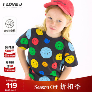 ILOVEJ童装夏季女童纯棉T恤笑脸韩版黑色上衣短袖JWUTO29
