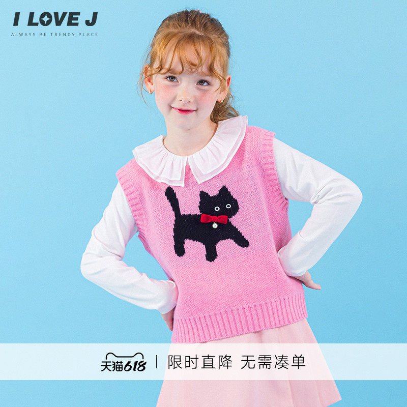 ILOVEJ韩国童装春季女童猫咪针织背心公主风马甲叠穿洋气/JXFTO23