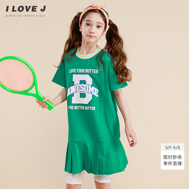 ILOVEJ童装休闲纯棉长T恤连衣裙儿童夏装女童运动百褶裙/JVUOP22