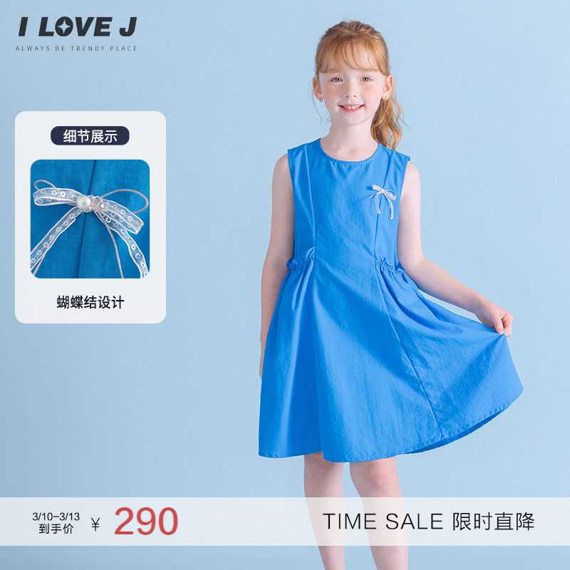 ILOVEJ韩国童装夏季女童无袖蓝色连衣裙蝴蝶结公主裙/JXUOP11