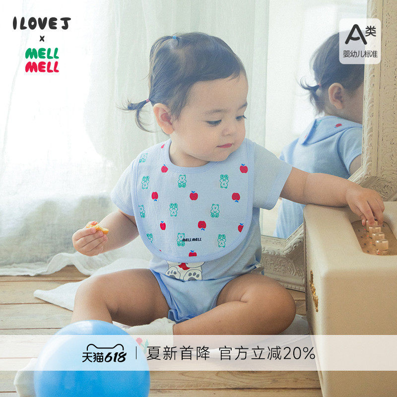 ILOVEJ韩国童装夏新婴童宝宝苹果熊包屁衣连体衣套装围兜MYUBS02