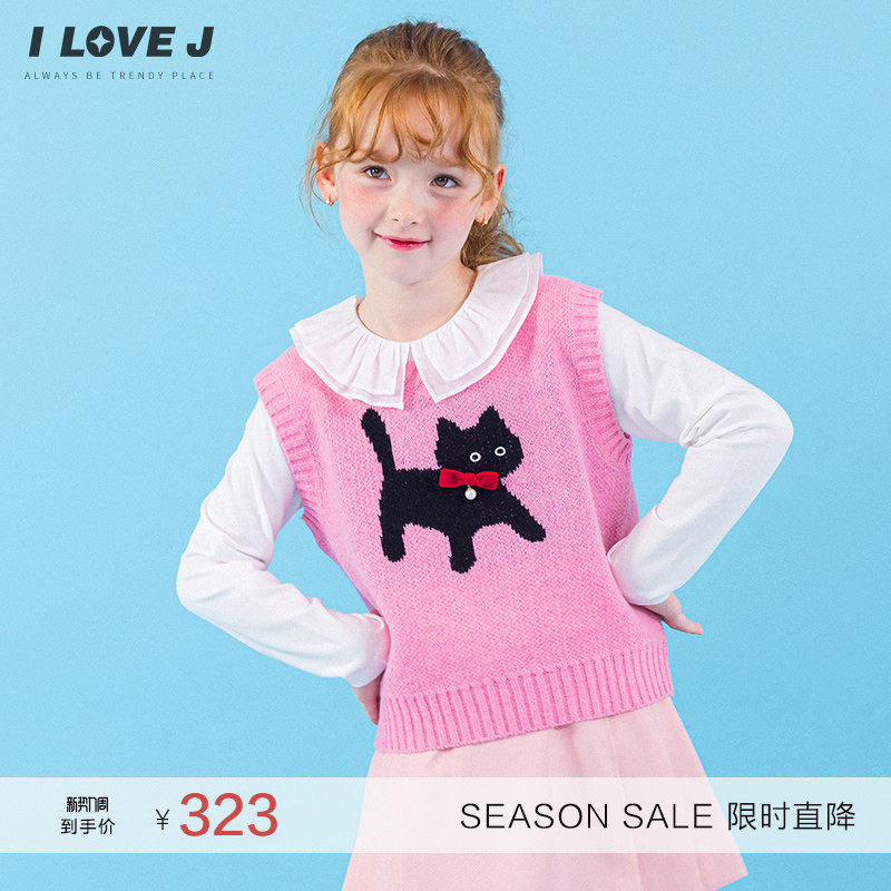 ILOVEJ韩国童装春季女童猫咪针织背心公主风马甲叠穿洋气/JXFTO23