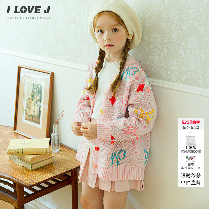 ILOVEJ童装春季女童蝴蝶结针织外套宽松可爱上衣/JWFOU19