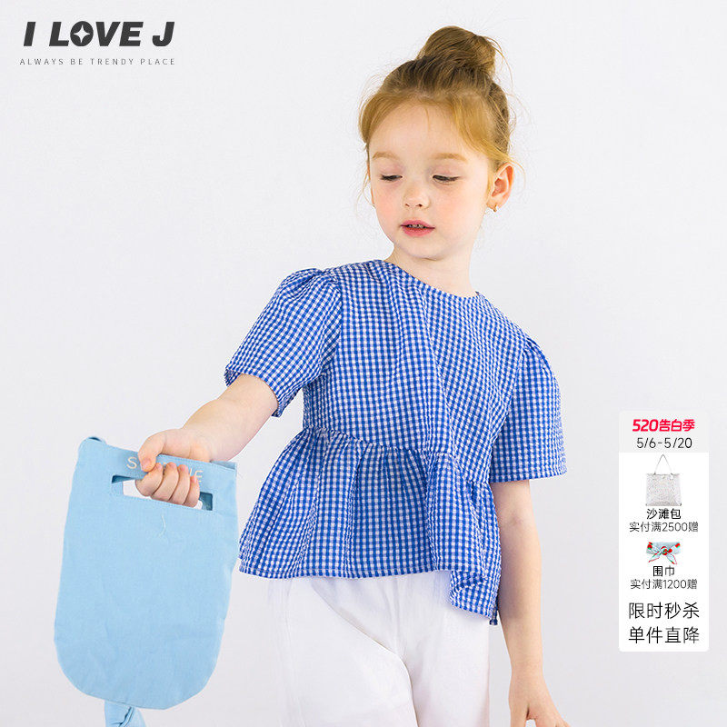 ILOVEJ童装夏装女童短款格子衬衫儿童短袖T恤上衣潮/JWUTO51