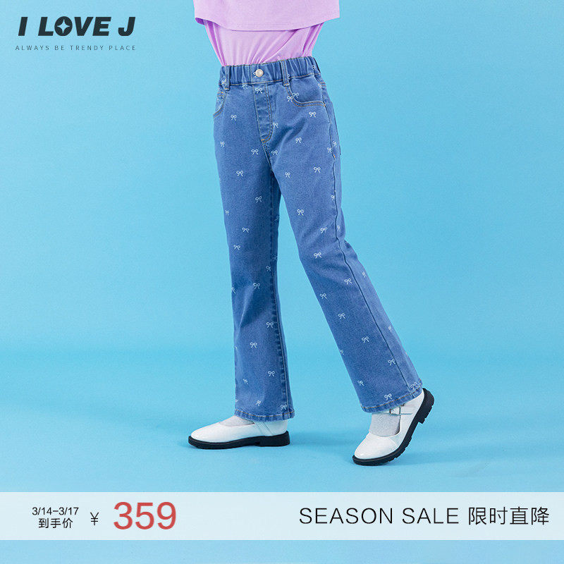 ILOVEJ韩国童装春季女童蝴蝶结印花牛仔裤喇叭裤/JXFPT08