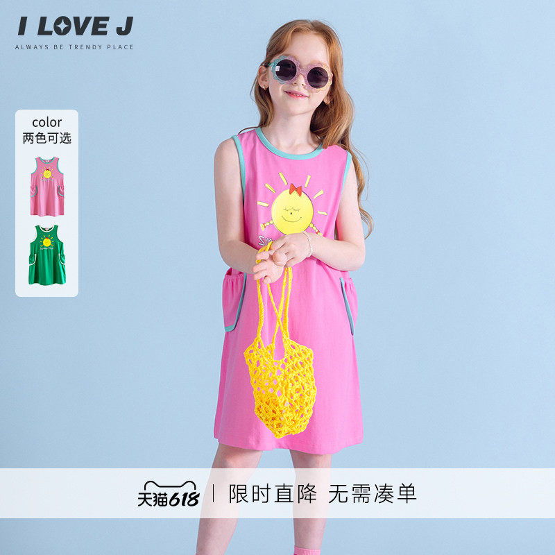 ILOVEJ韩国童装夏季女童撞色印花无袖弹力连衣裙/JXUOP02