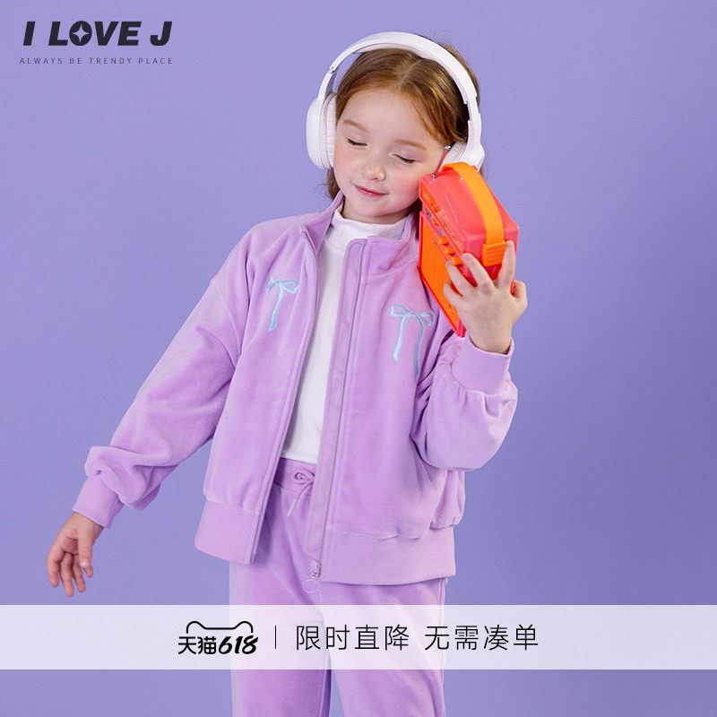 ILOVEJ童装春季女童丝绒运动外套立领蝴蝶结山谷/JWFOU06