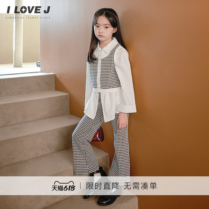 [100码]ILOVEJ童装千鸟格英伦风喇叭裤儿童春装女童裤子/JVSPT86