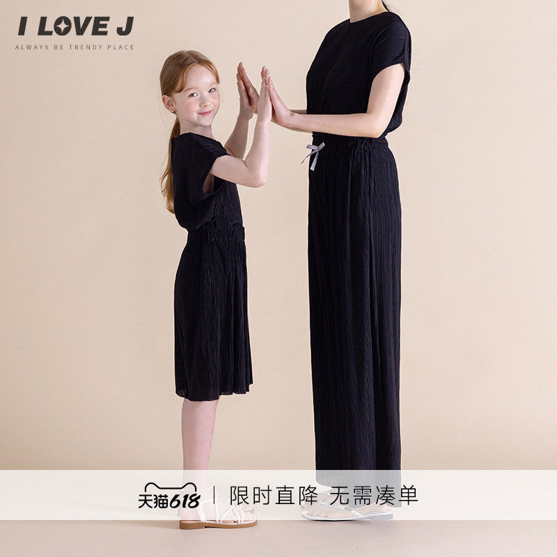 ILOVEJ韩国童装夏季女童褶皱无袖T恤透气凉感黑色上衣JXUTO46
