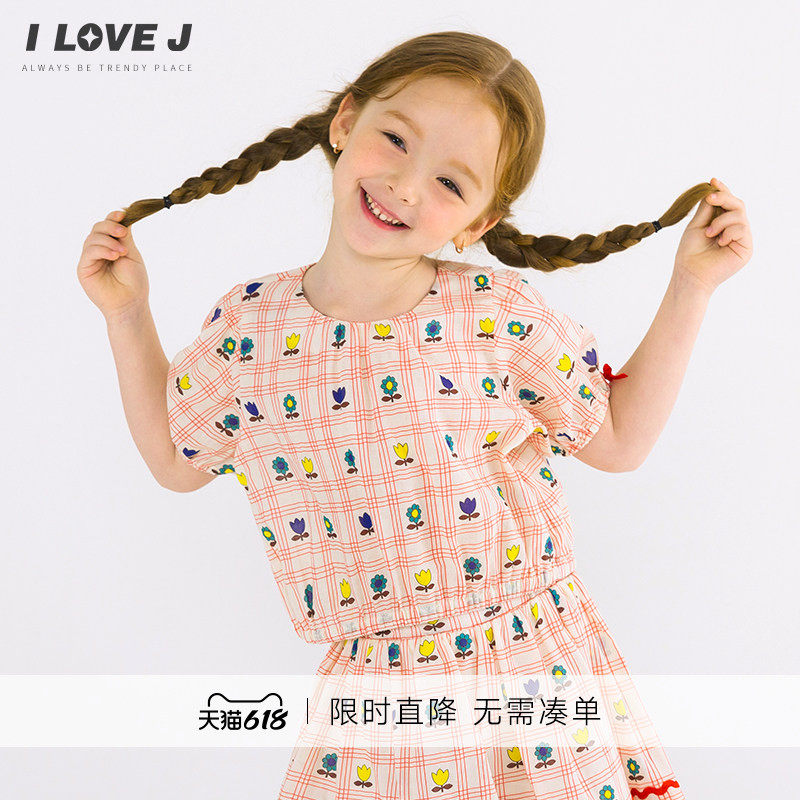 ILOVEJ童装夏季女童短款T恤格子印花韩版雪纺衬衫JWUTO34
