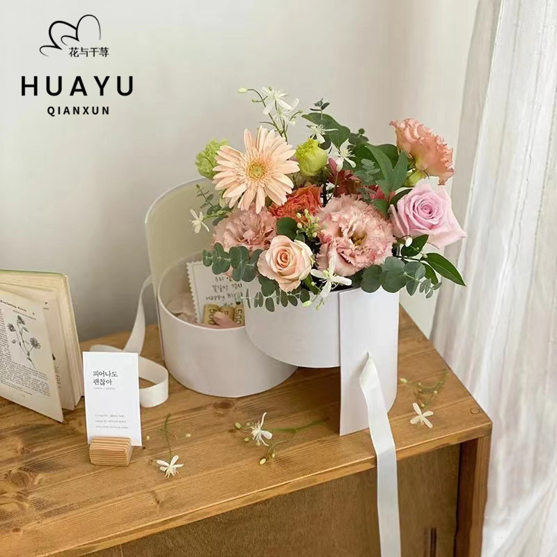 花与千荨双层创意圆形手捧礼盒蛋糕烘焙花盒鲜花插花礼盒花艺资材