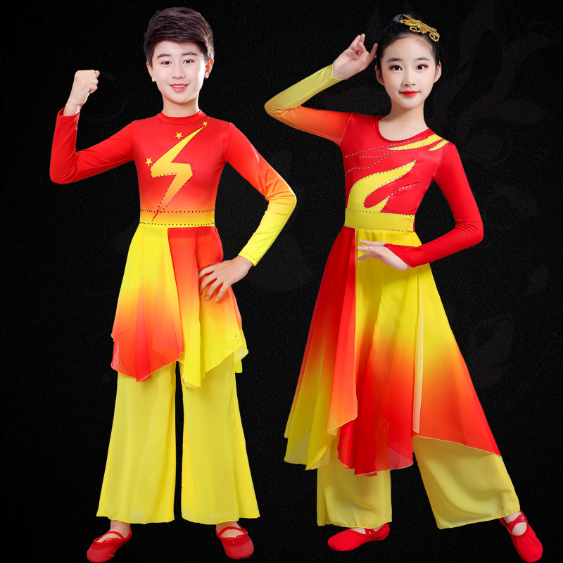 儿童打鼓演出服舞蹈服女童学生红歌大合唱服装中国风古典跳舞飘逸