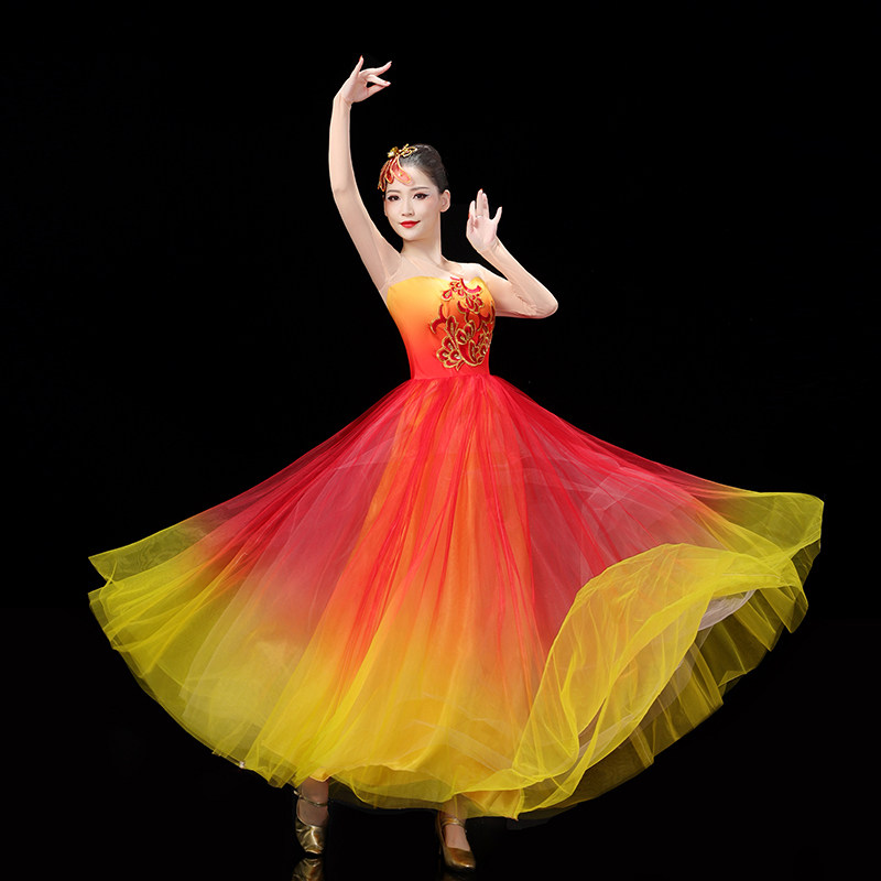 新款成人连衣裙伴舞渐变色开场舞大摆裙演出服装民国舞蹈大气合唱