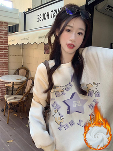 加绒加厚情侣装卫衣女百搭秋季韩版印花2023新款学生休闲圆领上衣